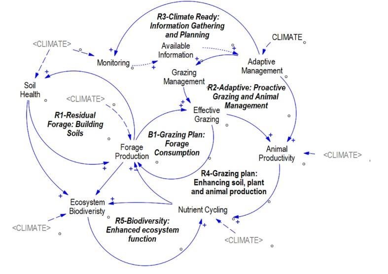 Figure 2. Systems Thinking. A casual map showing feedback loops from the five range management principles.