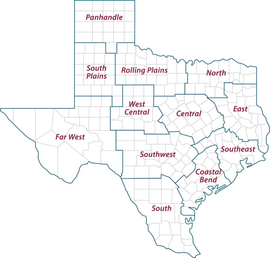 A map of the 12 Texas A&M AgriLife Extension districts. 