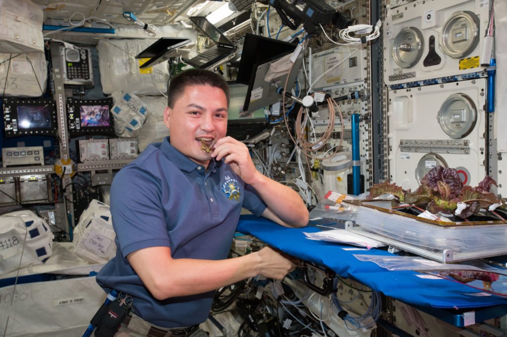 A man, Kjell Lindgren, eats lettuce in the confines of the International Space Station