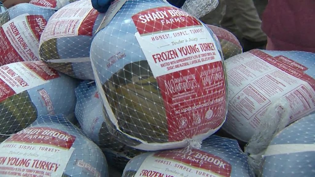 Frozen turkeys in grocery case