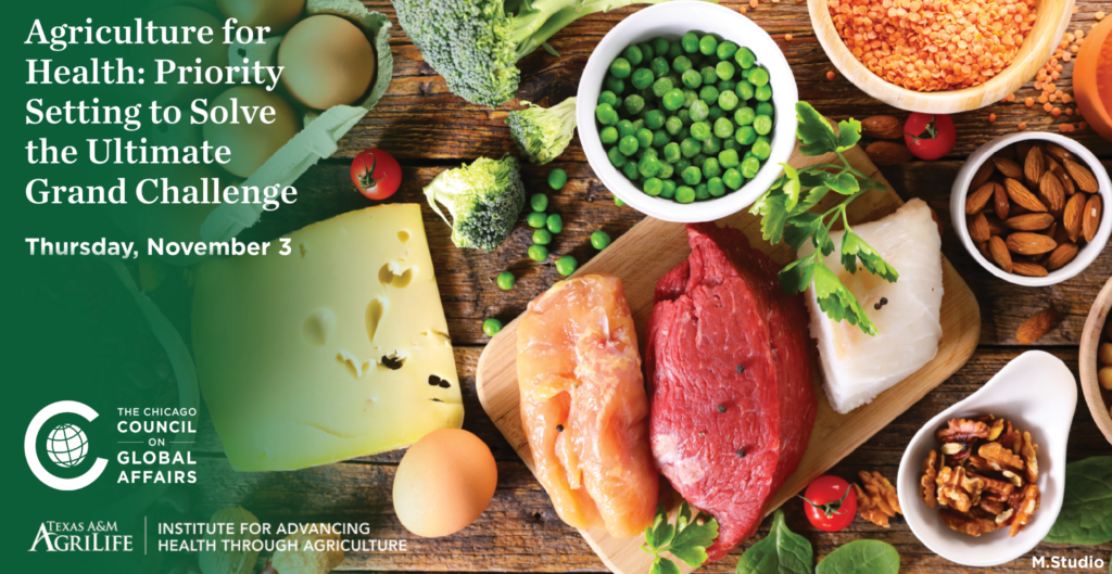 Photo of meats, cheese, eggs, nuts and legumes on a table with title of conference and Chicago Council on Global Affairs and IHA logos