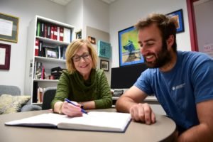 Dorothy Shippen, (left) Ph.D. and post-doctoral fellow Borja Barbero Barcenilla in her office. 