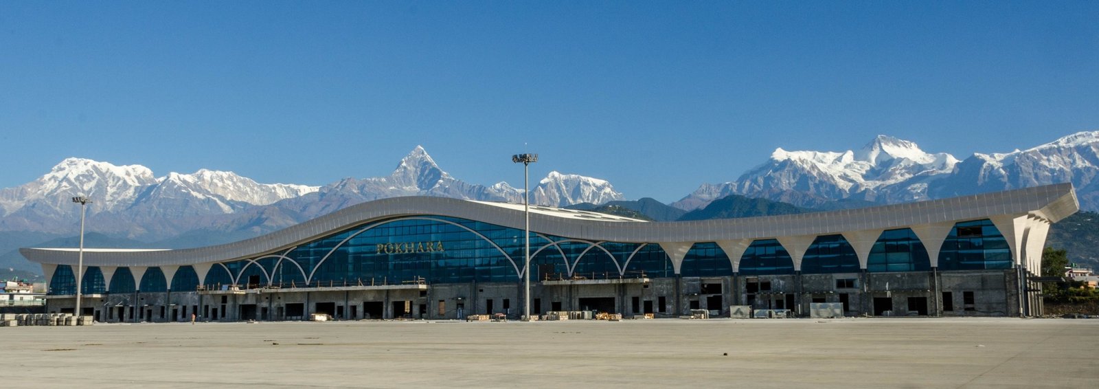 Pokhara Airport in Nepal with the Himalayan range in the background