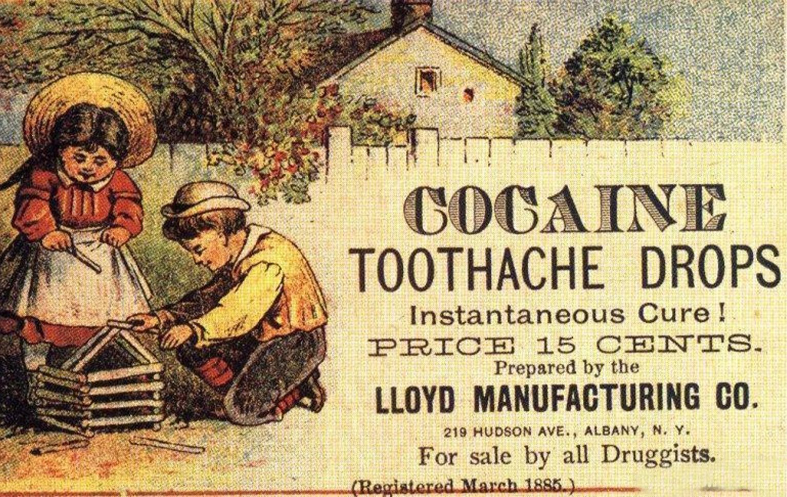 “Cocaine toothache drops,” an 1885 advertisement of cocaine for dental pain in children. The U.S. love affair with coke began in the 1800s, when it was commonly used in many “medicines” of dubious quality and efficacy and sold without prescription or regulation. While mostly illegal for cultivation, transport and sale around the globe today, some countries do allow cocaine possession for prescribed medical use, or have decriminalized possession of small amounts for private use. Image by KiloByte via Wikimedia Commons (Public domain).