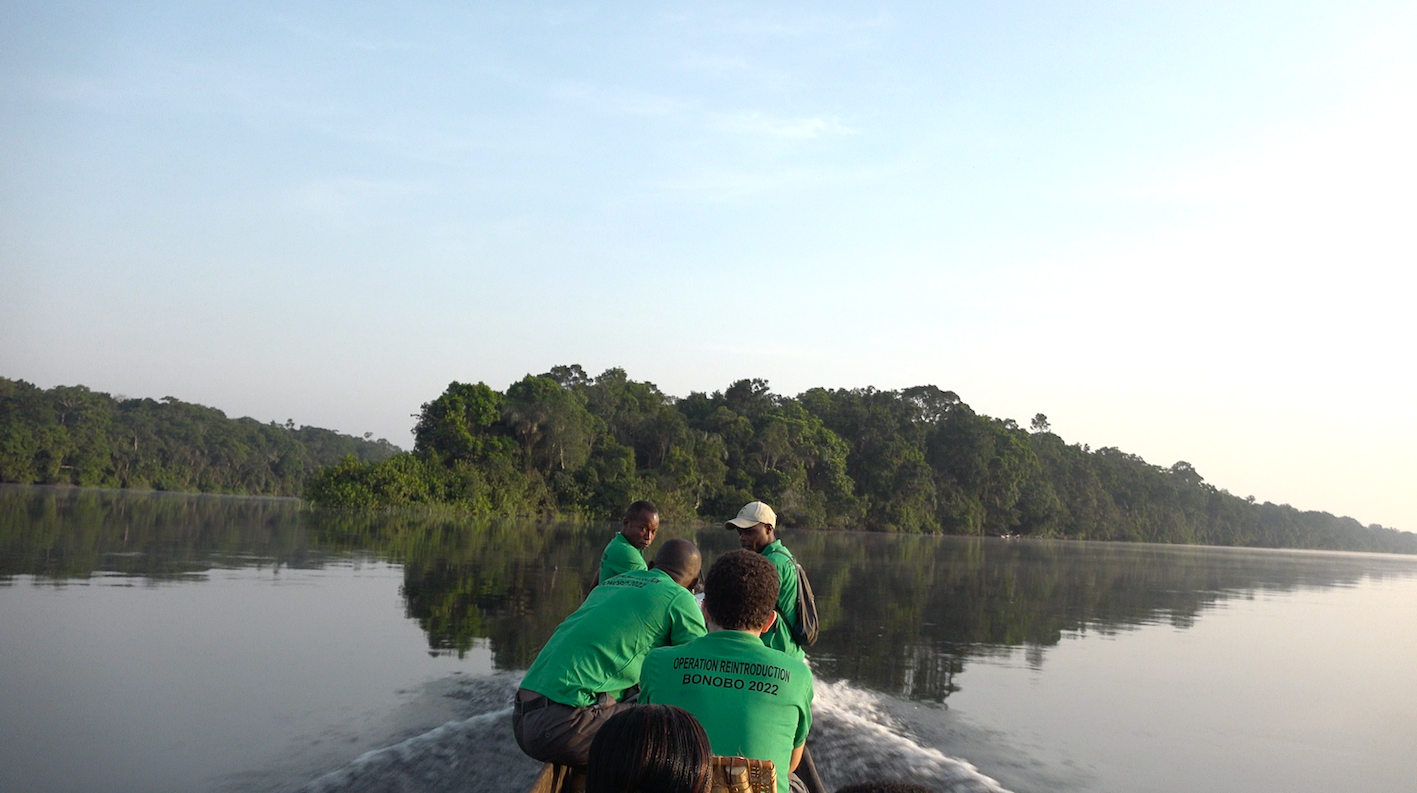 The team on the way to Totaka island to begin the process of rewilding 14 bonobos to Ekola ya Bonobo Community Reserve. Image by Cinita Garai.