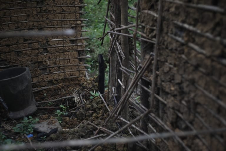 One of many homes burnt and destroyed in a major attack targeting Batwa villages in July 2021.