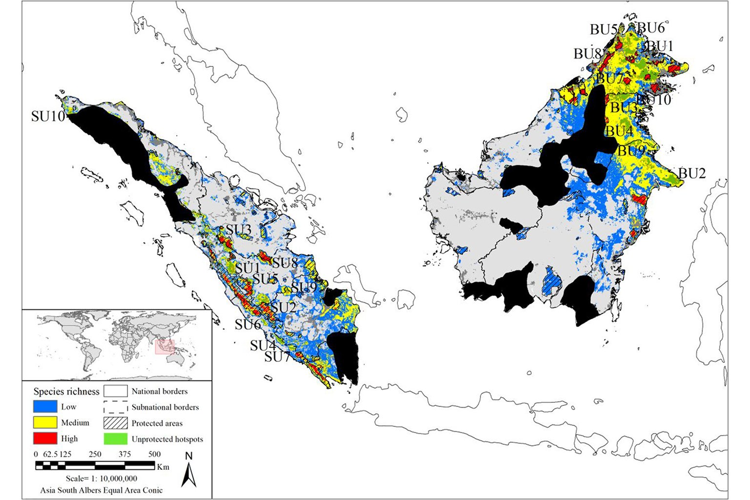 Map show the predicted species richness in Borneo and Sumatra classified into low-, medium- and high-priority areas based on distribution of the species richness.