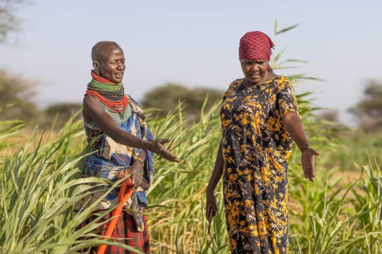 Lokutan Amaler with Eunice Eseison of PanAfricare at their farm in Kangirega Village, Turkana County, on 23rd March 2022. Image courtesy of UN Convention to Combat Desertification.