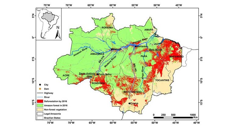 Figure 2. Brazil’s Legal Amazon region. Reconstructing Highway BR-319 would link Manaus, in relatively intact central Amazonia, to Rondônia in the “arc of deforestation,” allowing deforesters to migrate to Roraima and other areas already connected to Manaus by road, and to the vast forest area in the western part of the state of Amazonas via planned side roads. Deforestation data from INPE (2021).