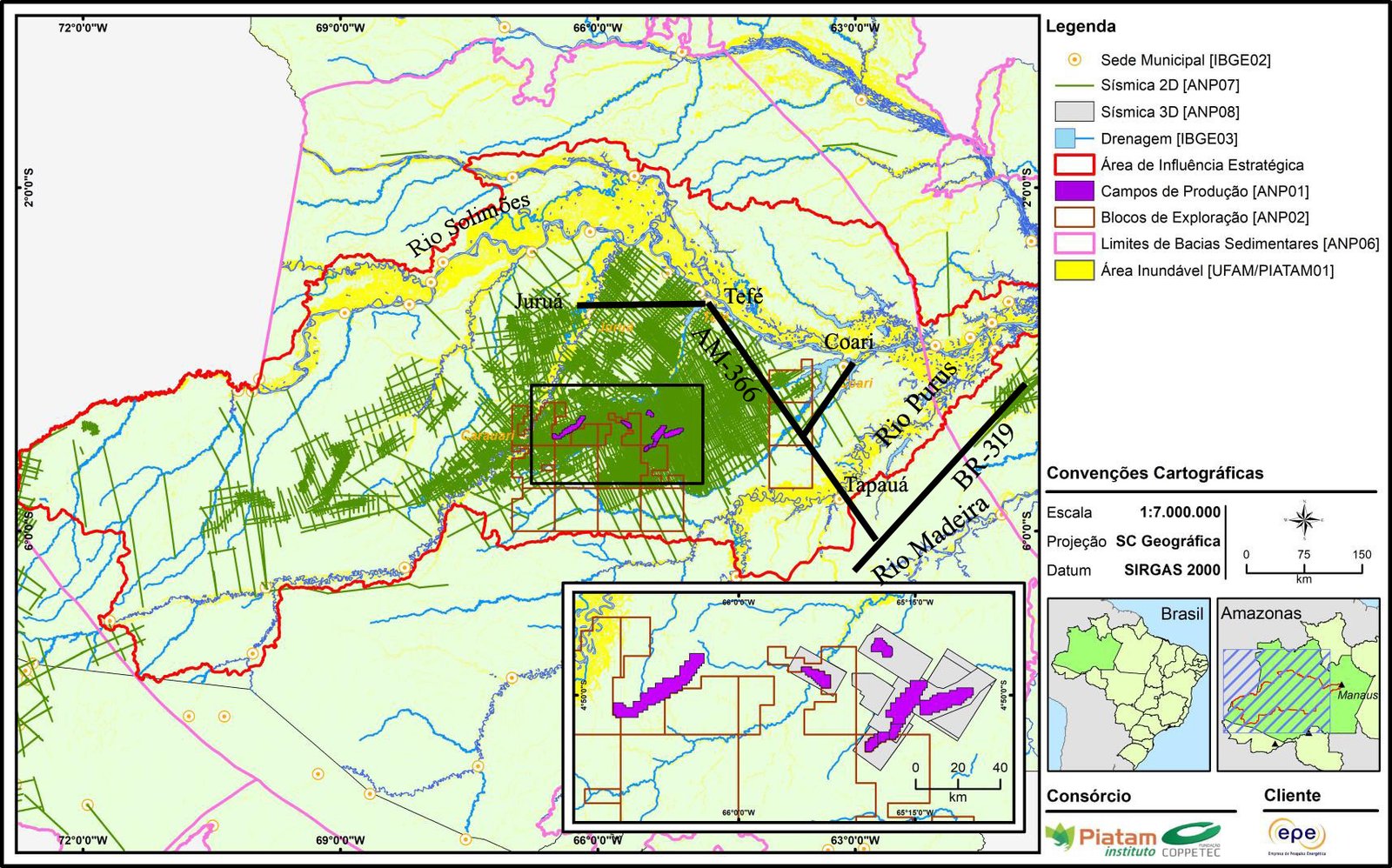 Figure 3. Map of the planned “Solimões Sedimentary Basin” oil and gas project. The purple areas have wells currently in production. The thin green lines represent locations already surveyed by seismic methods for future drilling. Brown squares are blocks sold to oil and gas companies. Source for oil and gas project: EPE (2020, p. 65); Source for planned roads: DNIT (2002).