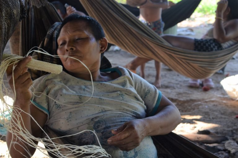 Nukak women traditionally make woven products using fibre from Amazonian palm trees, which has become more difficult because they have struggled to access their forests, one of the few sources of income for the community.