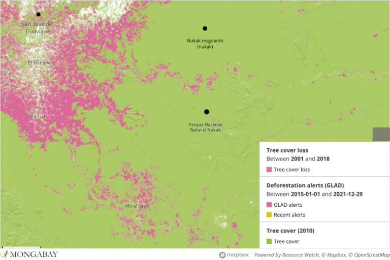 Map of deforestation in the Guaviare department. In 2020, 16% of the country's deforestation occurred in the department. The Nukak camp is 30 minutes away from San Jose del Guaviare.