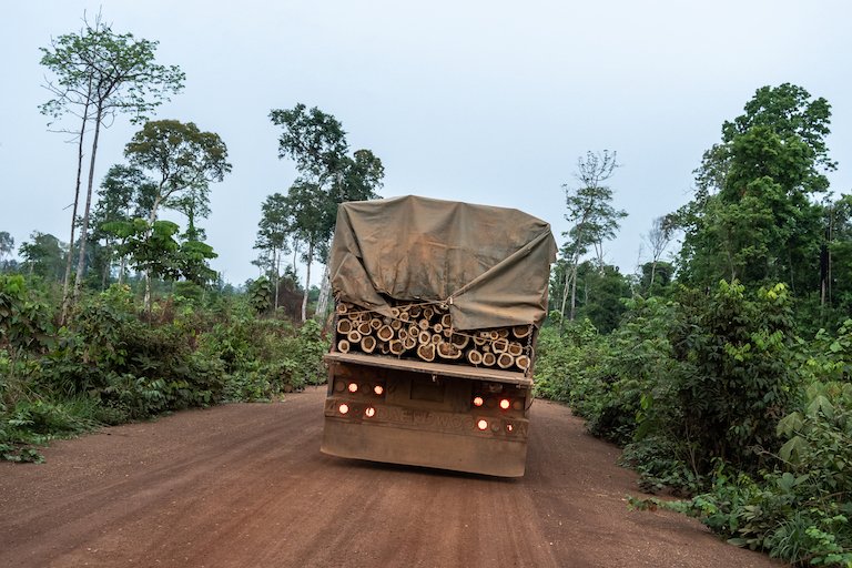 An unmarked truck reporters saw leave Think Biotech’s economic land concession and head on a road south. Image by Andy Ball for Mongabay.