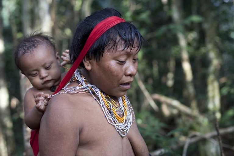 Yanomami woman with her child. A new investigative report shows that an estimated 15,000 of the Yanomami Indigenous Territory’s Indigenous inhabitants have been directly affected by illegal mining, with girls as young as 11 lured into sex work with the promise of food and clothing. Image courtesy of Sam Valadi via Wikimedia Commons (CC BY 2.0).