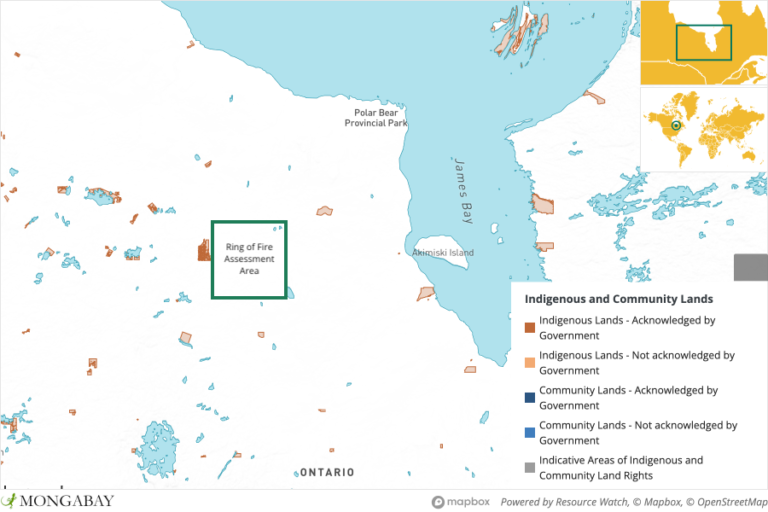 The proposed Ring of Fire mining projects in the James Bay lowlands in Ontario span some 5000 square kilometers (1,900 square miles).