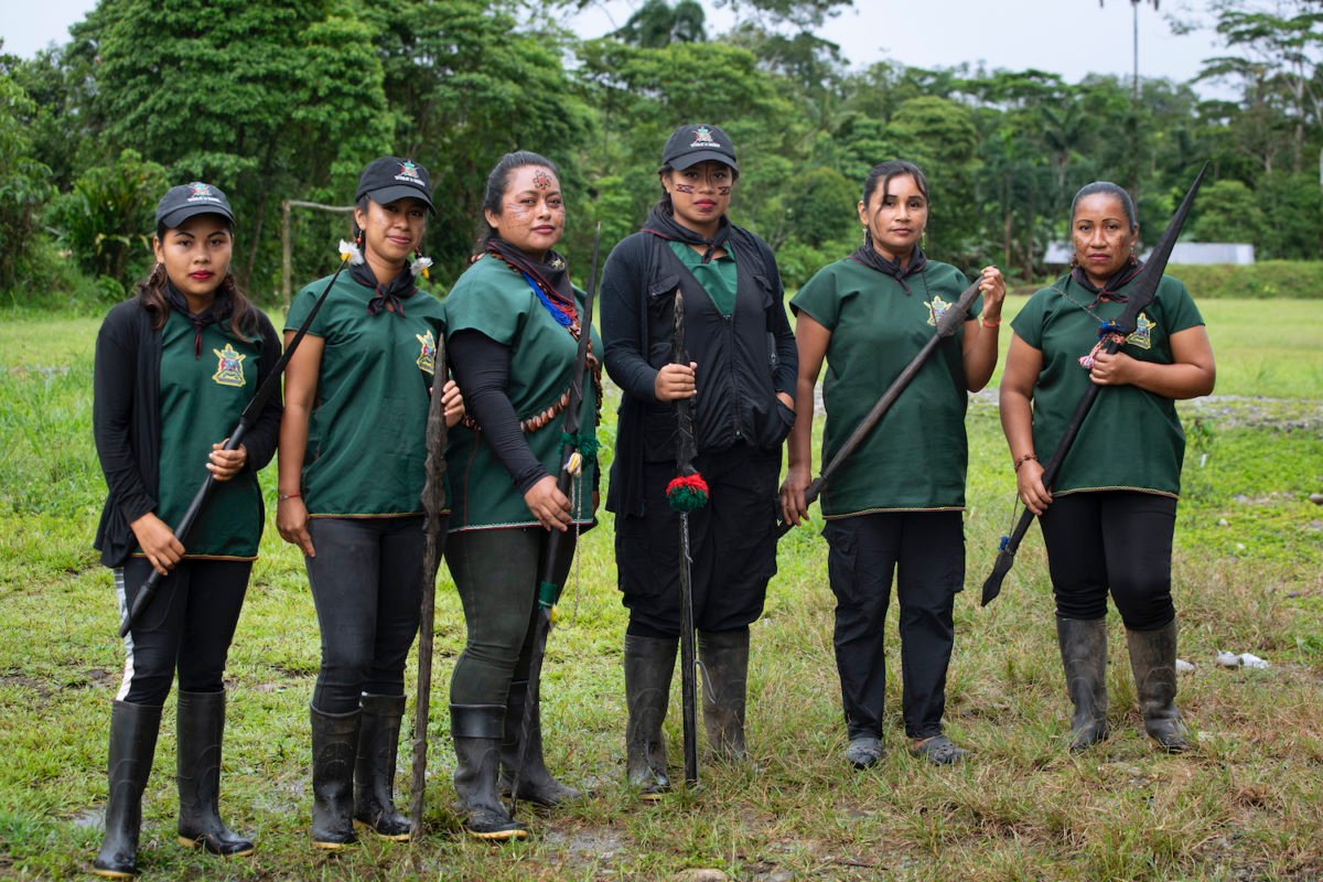 Women from the Sinangoe Indigenous Guard. Alexandra Narváez, third from left, led the creation of the Indigenous Guard in 2017, and was the only woman in the group at the time.