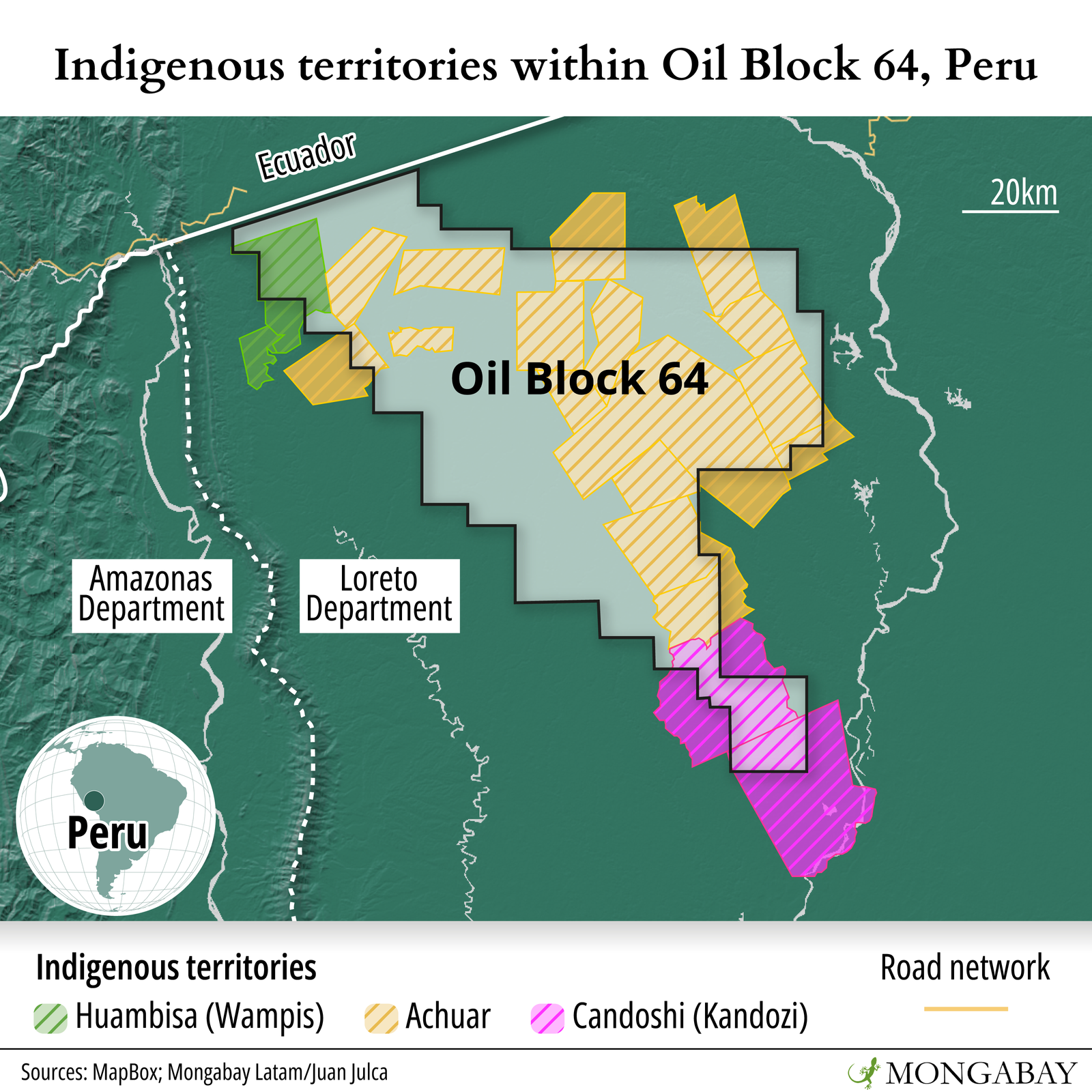 Overlapping of Indigenous territories with Block 64 in Peru. Image: Mongabay Latam/Juan Julca.