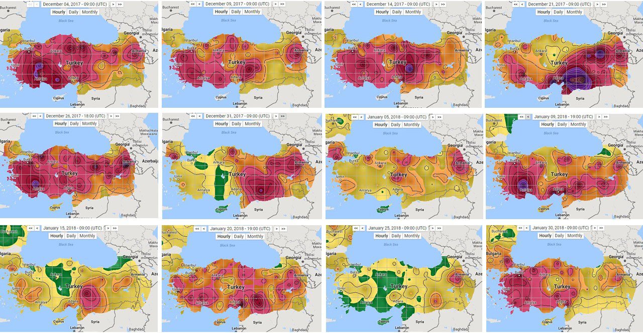 Air pollution recorded over Turkey in 2017 and 2018.