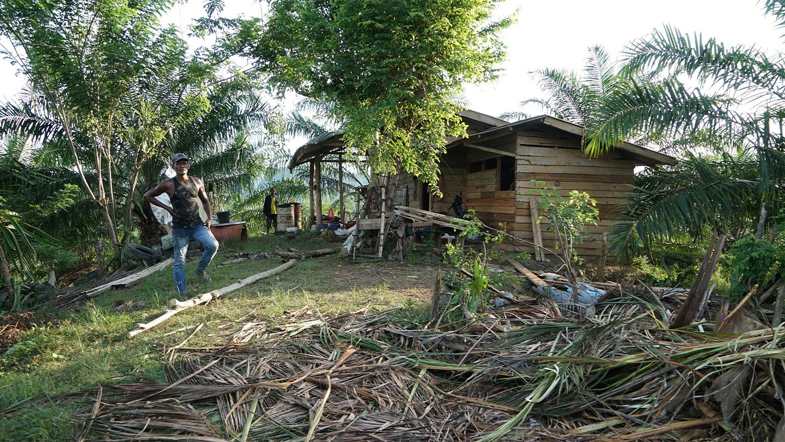 A farmer standing in front of his brother’s house that was the recent target of a rampage by an adult elephant and its calf.