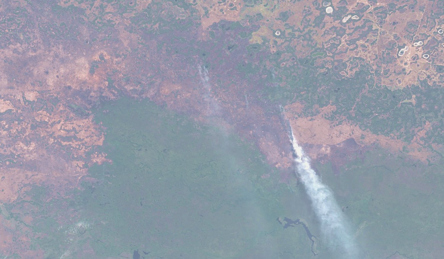 Satellite imagery captured Aug. 4, 2022, by Sentinel 2A shows the burn scar of the fires that tore across Pantanal Rio Negro State Park - as well as what appears to be a new outbreak following firefighting efforts in July. 