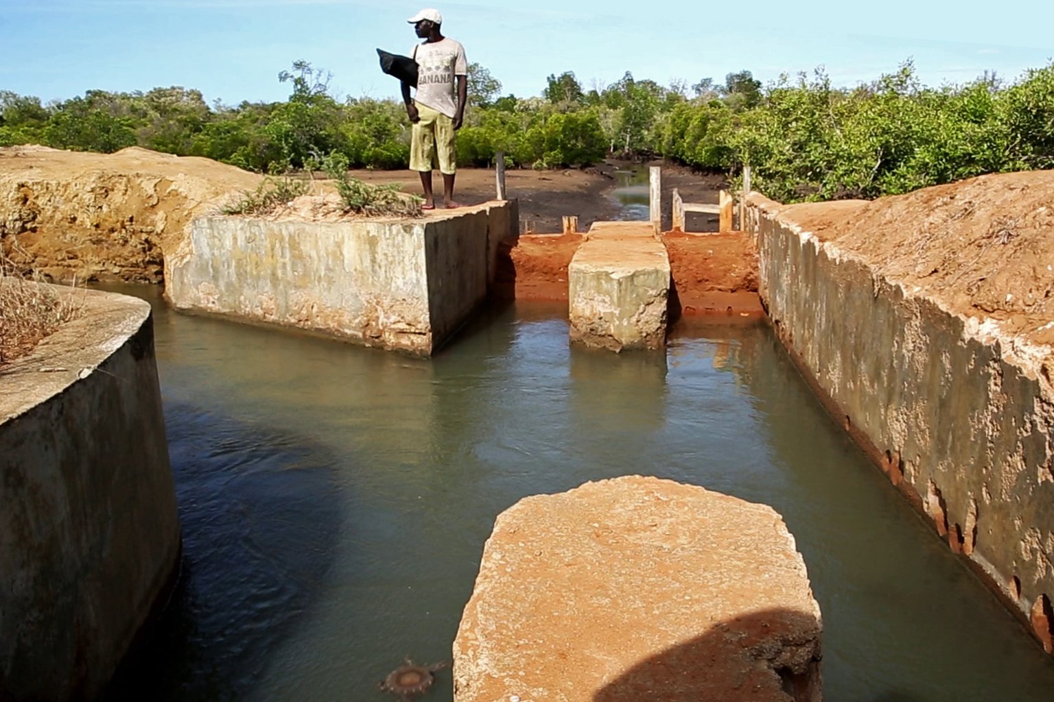 Sheikh Kazungu, a farmer, stands on a channel.