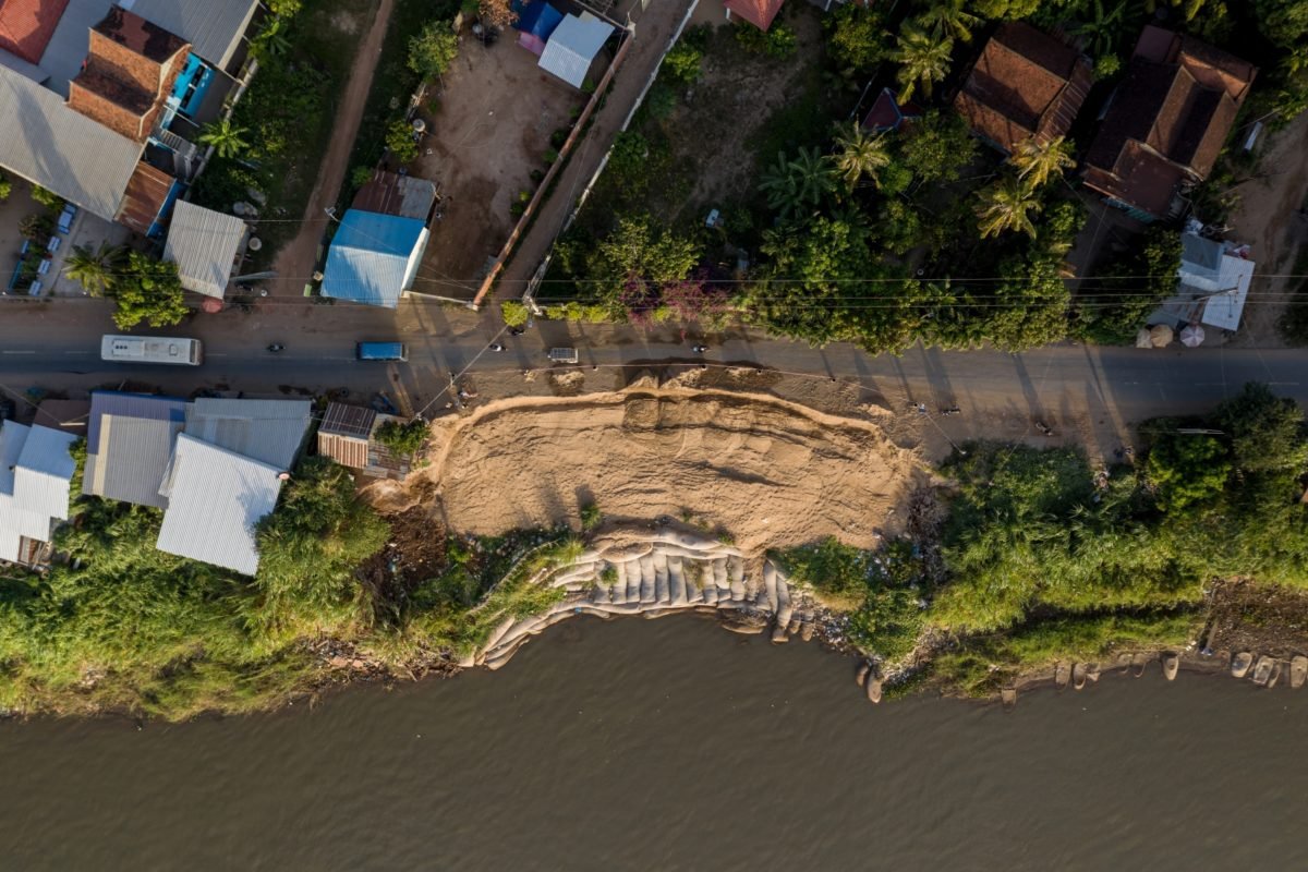 The aftermath of a riverbank collapse along the National Road No. 70A that occurred in November 2021