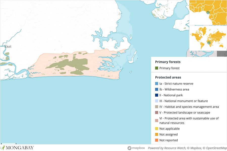 Stubb's Creek Forest Reserve (orange) contains the largest tracts of primary forest remaining in the region.