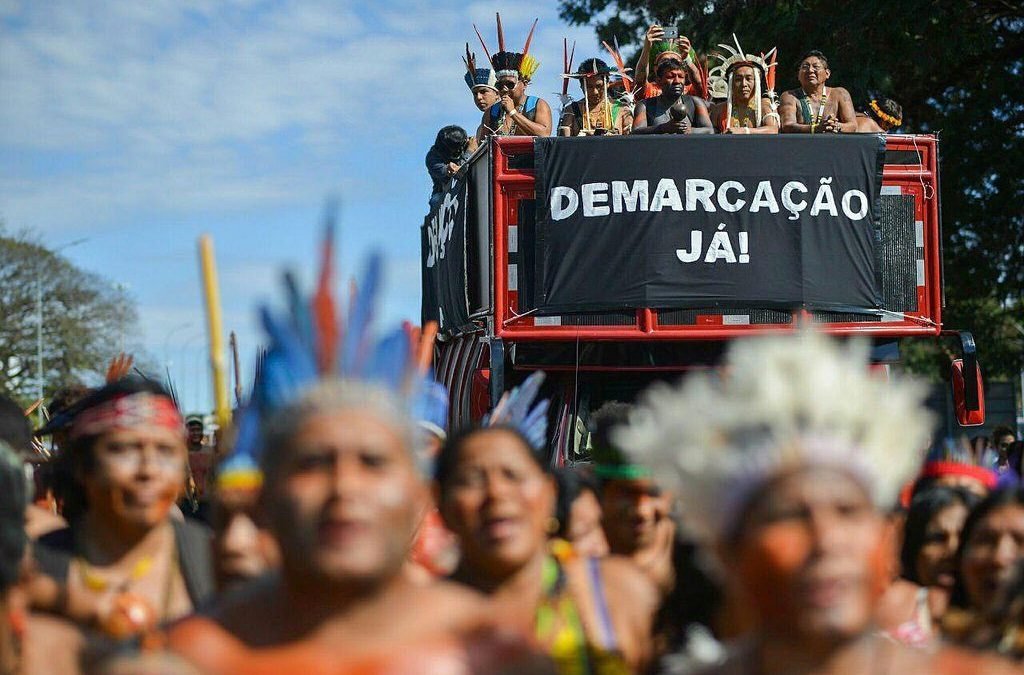 Indigenous demonstration for land demarcation. Image courtesy of Christian Braga via APIB. 