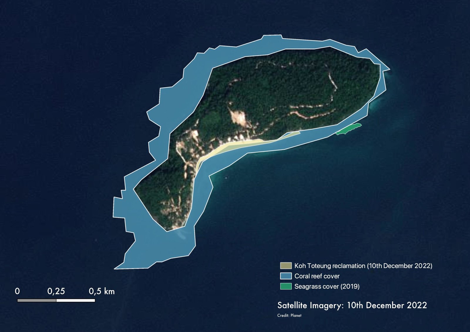 Recent satellite imagery of Koh Toteung and areas of the reclamation, seagrass meadow cover in 2019 and coral reefs. Data sources: Seagrass and coral reef cover georeferenced from Fauna and Flaura International's 2020 report Biophysical status report for the Koh S'dach Archipelago, Cambodia (https://www.researchgate.net/publication/363397281_Koh_Sdach_Biophysical_Report); Satellite imagery sourced from Planet Labs Inc. Map by Andy Ball/Mongabay