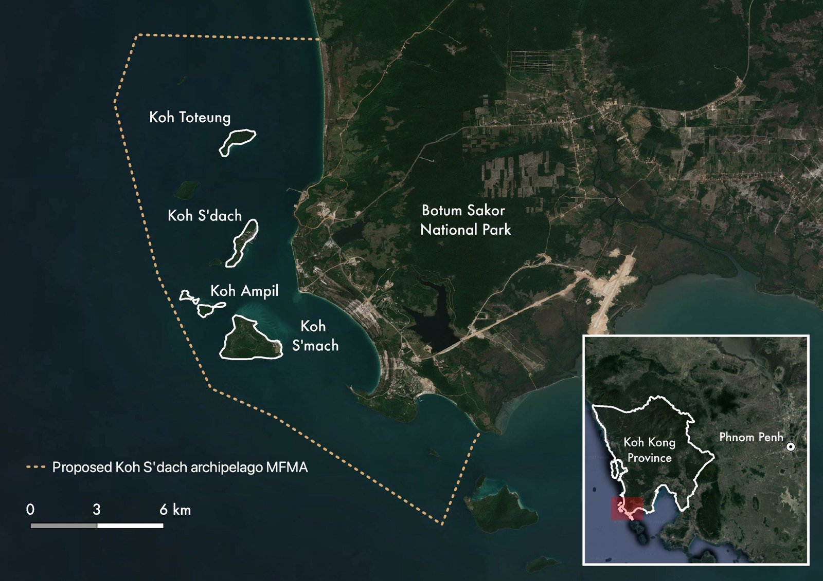 A map of the Koh S'dach archipelago and the proposed Marine Fisheries Management Area (MFMA) boundary. Data sources: Proposed MFMA boundary georeferenced from Marco J. et al. 2021 paper In a network of lines that intersect: The socio-economic development impact of marine resource management and conservation in Southeast Asia.(https://www.sciencedirect.com/science/article/pii/S0305750X21001911.) Map by Andy Ball/Mongabay