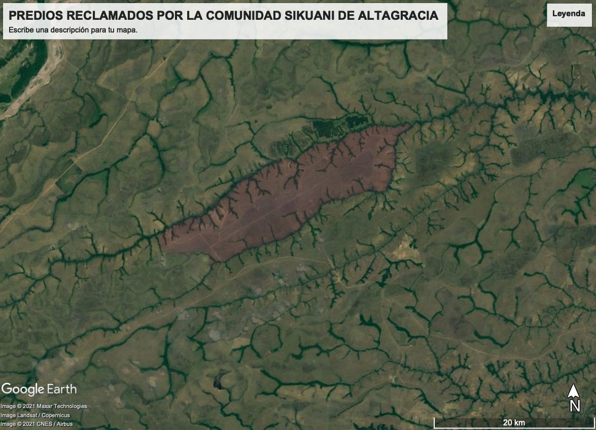 Altagracia (brown area) is the Guahibo ancestral territory. The green area bordering it to the north is land cultivated with oil palm. Image from Google Earth.