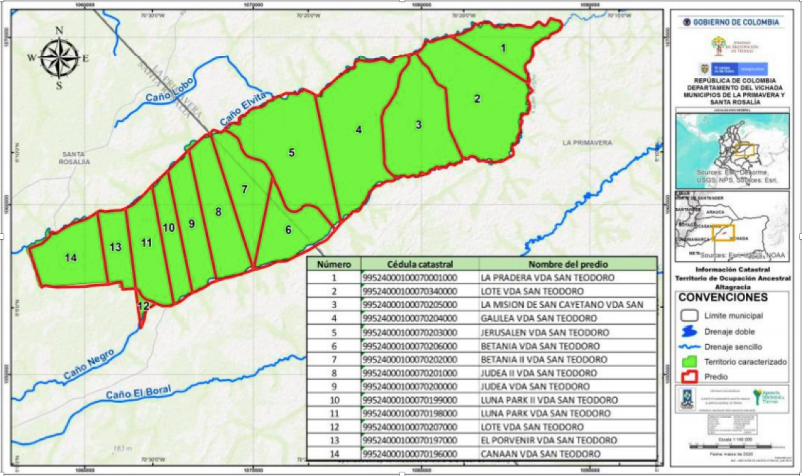 The Guahibo territory has been divided into 14 plots. Image by the National Land Restitution Unit.